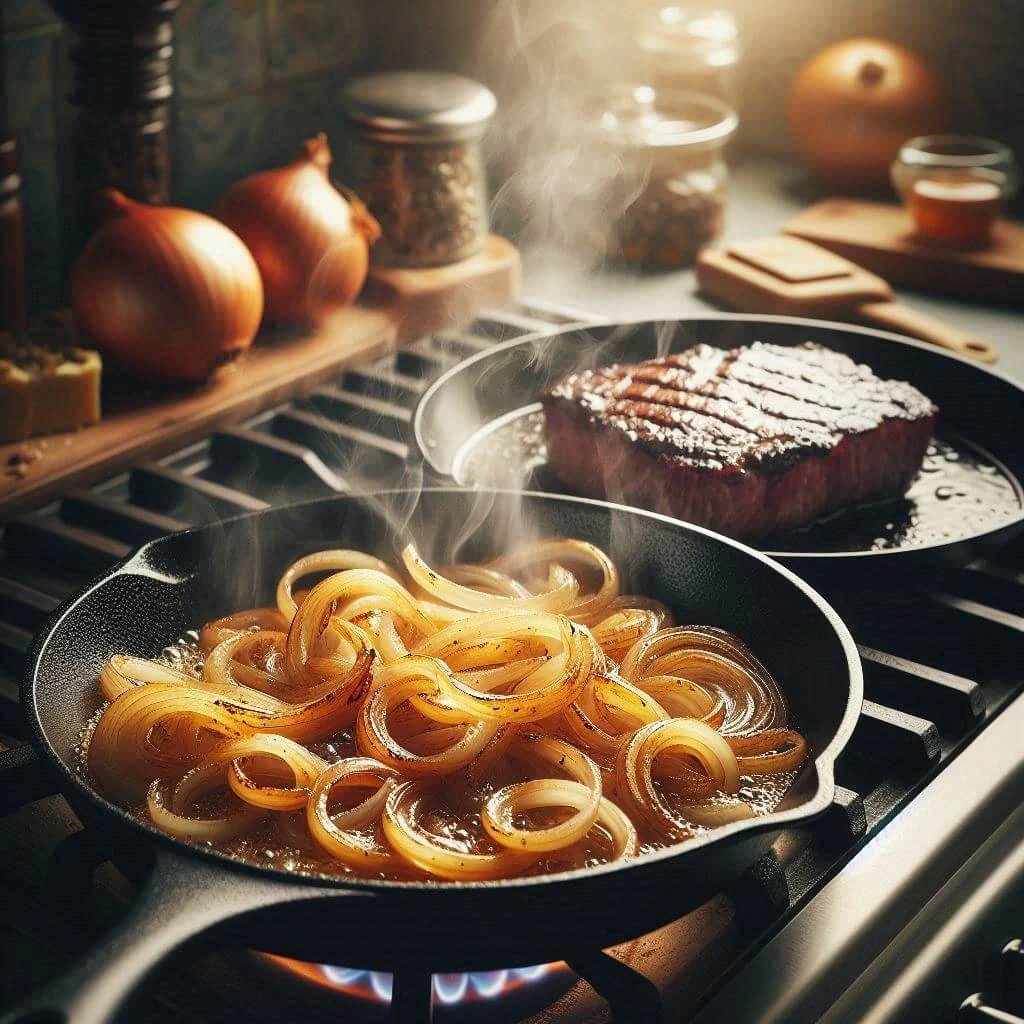 Cooking caramelized onions and searing steak on the stovetop for the steak and beans recipe.