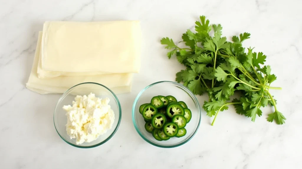 Fresh ingredients for Egg Roll Wrapper Goat Cheese Jalapeño Recipe on a table: goat cheese, jalapeños, egg roll wrappers, and seasonings.