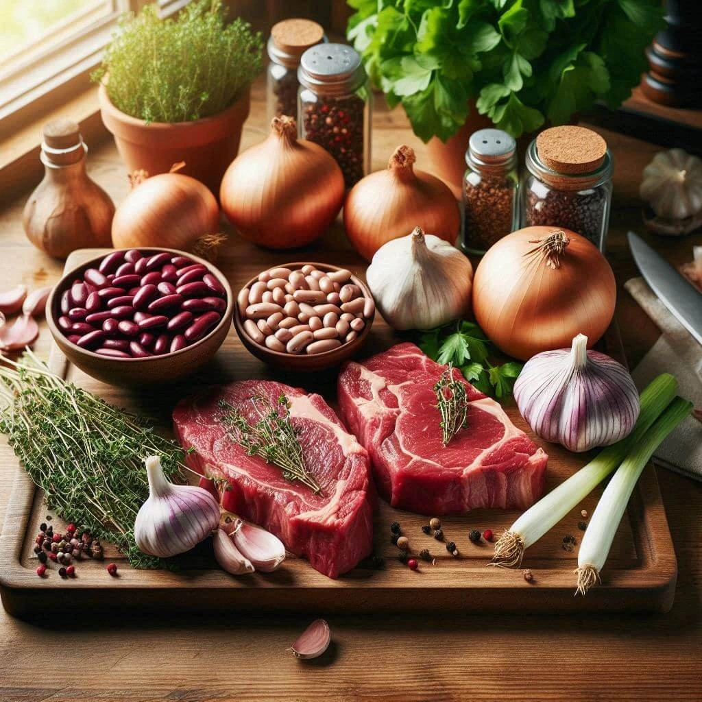 Fresh ingredients for steak and beans with onions recipe on a wooden kitchen counter.