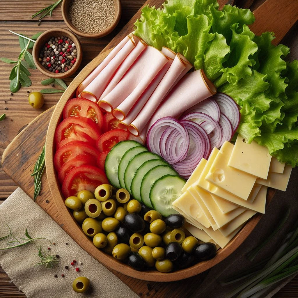 A close-up of fresh ingredients for a sub in a tub: chicken, avocado, tomatoes, olives, and leafy greens.