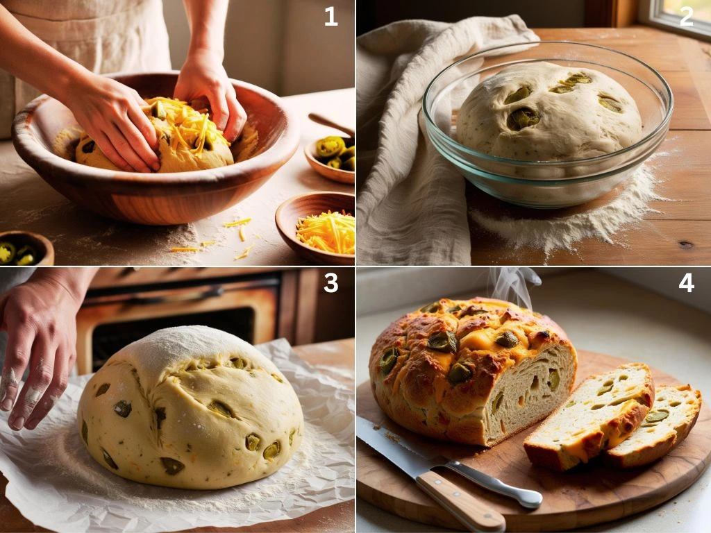 Step-by-step preparation of vegan jalapeno cheese artisan bread.