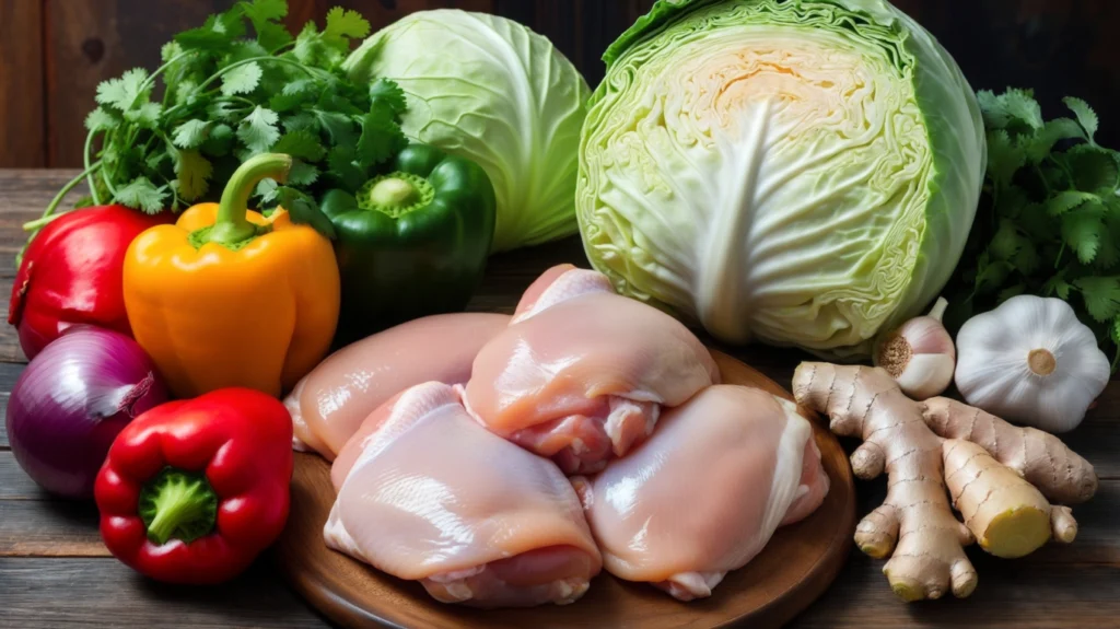 Fresh ingredients for Hmong cabbage and chicken, including raw chicken, Napa cabbage, green onions, garlic, ginger, fish sauce, and soy sauce.