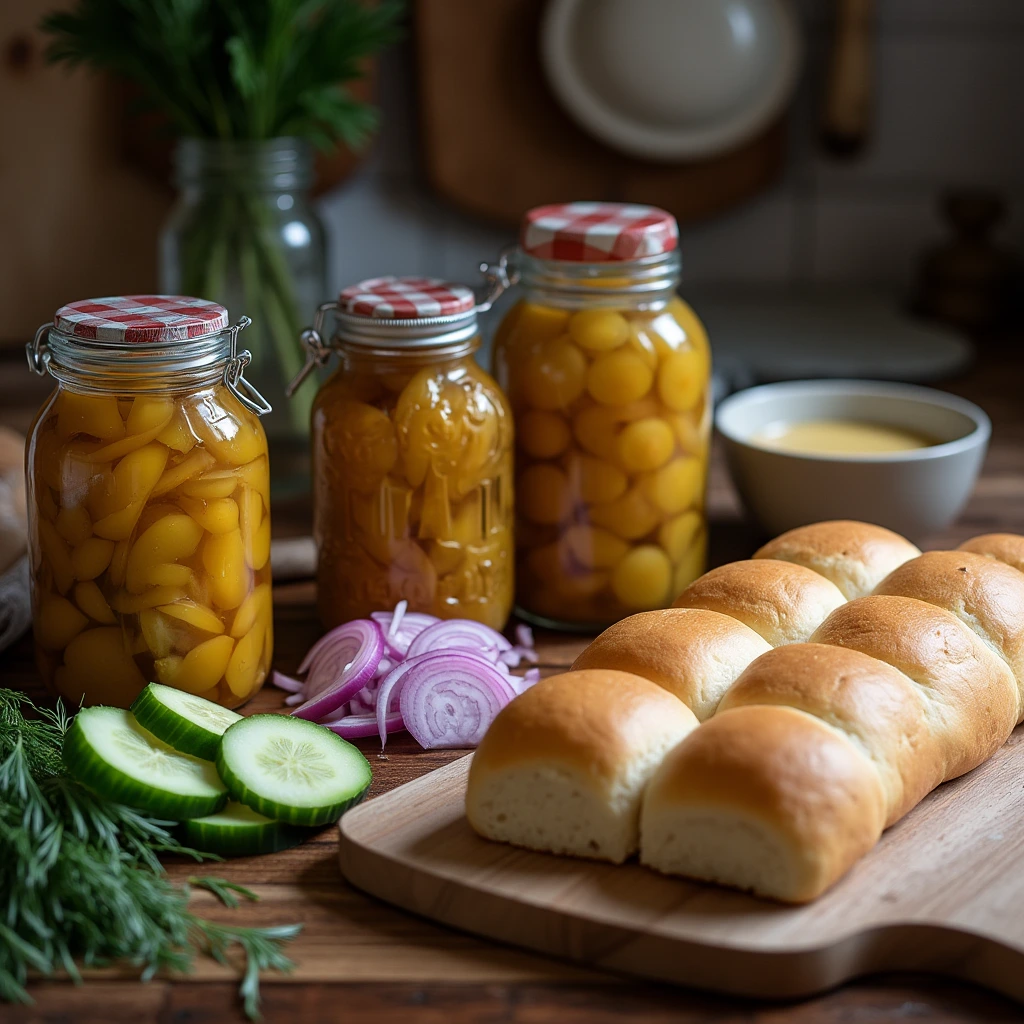 Ingredients for Matjesbrötchen recipe including pickled herring, bread rolls, onions, lettuce, and creamy sauce.