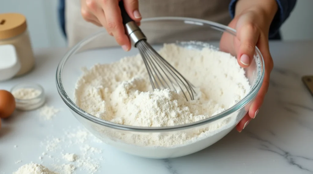 Hands whisking ingredients to make self-rising flour.