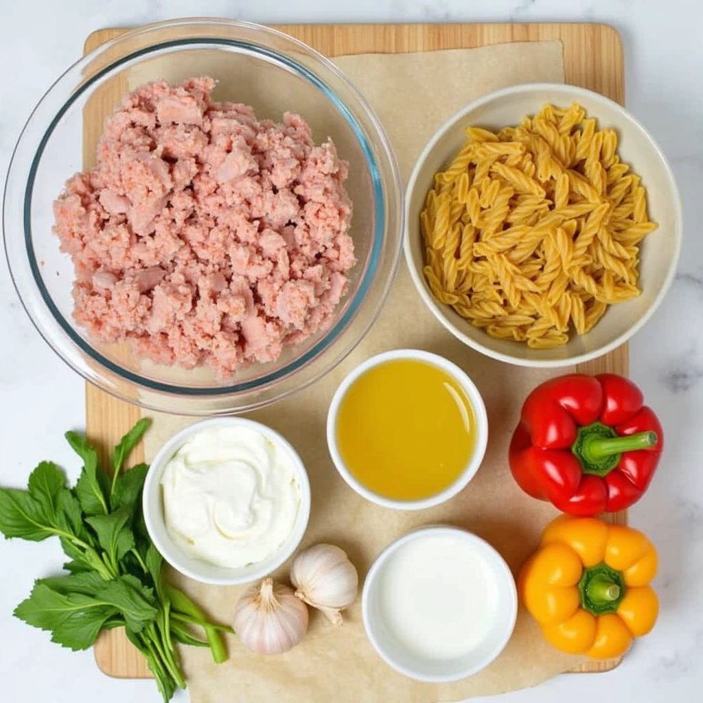  Ingredients for one-skillet cheesy ground chicken pasta, including ground chicken, pasta, cheese, garlic, and herbs.