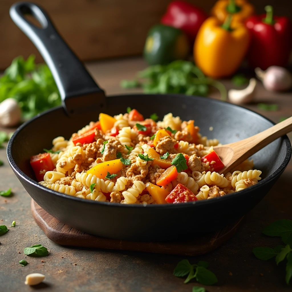 Step-by-step cooking process for One-Skillet Ground Chicken Pasta, showing sautéing chicken, adding pasta, and mixing in the creamy sauce.