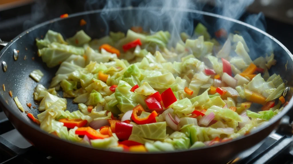 Fresh vegetables, including Napa cabbage, green onions, garlic, and ginger, being sautéed in a hot wok for the Hmong cabbage and chicken recipe.