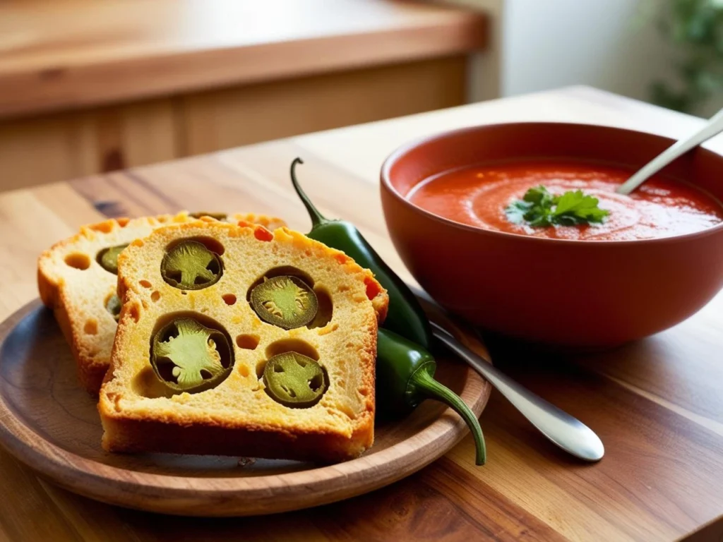 A warm slice of vegan jalapeno cheese bread served with vegan Tomato soup.