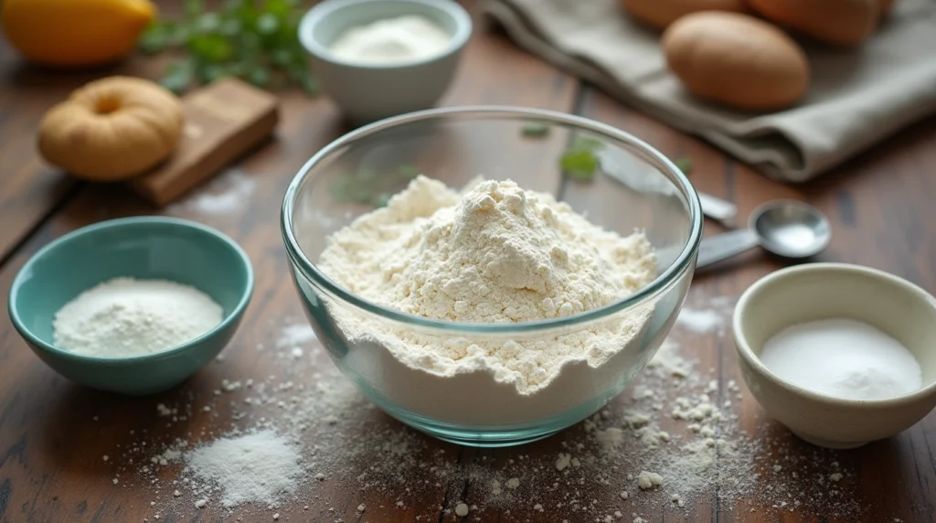  Ingredients for making self-rising flour: all-purpose flour, baking powder, and salt on a kitchen countertop.