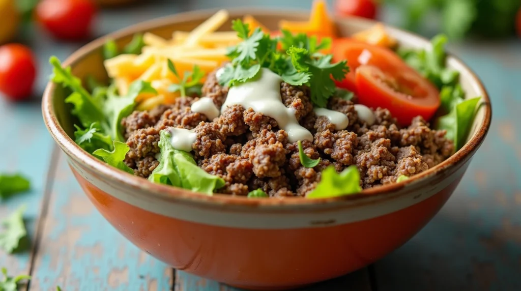 A beautifully served Burger Bowl with ground beef, fresh lettuce, tomatoes, red onions, pickles, avocado, shredded cheese, and bacon bits, ready to eat.