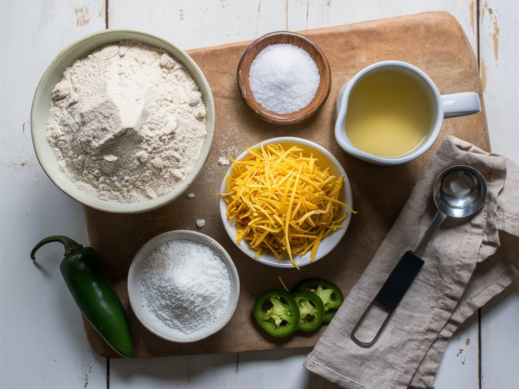 Fresh ingredients for vegan jalapeno cheese artisan bread on a rustic wooden table.