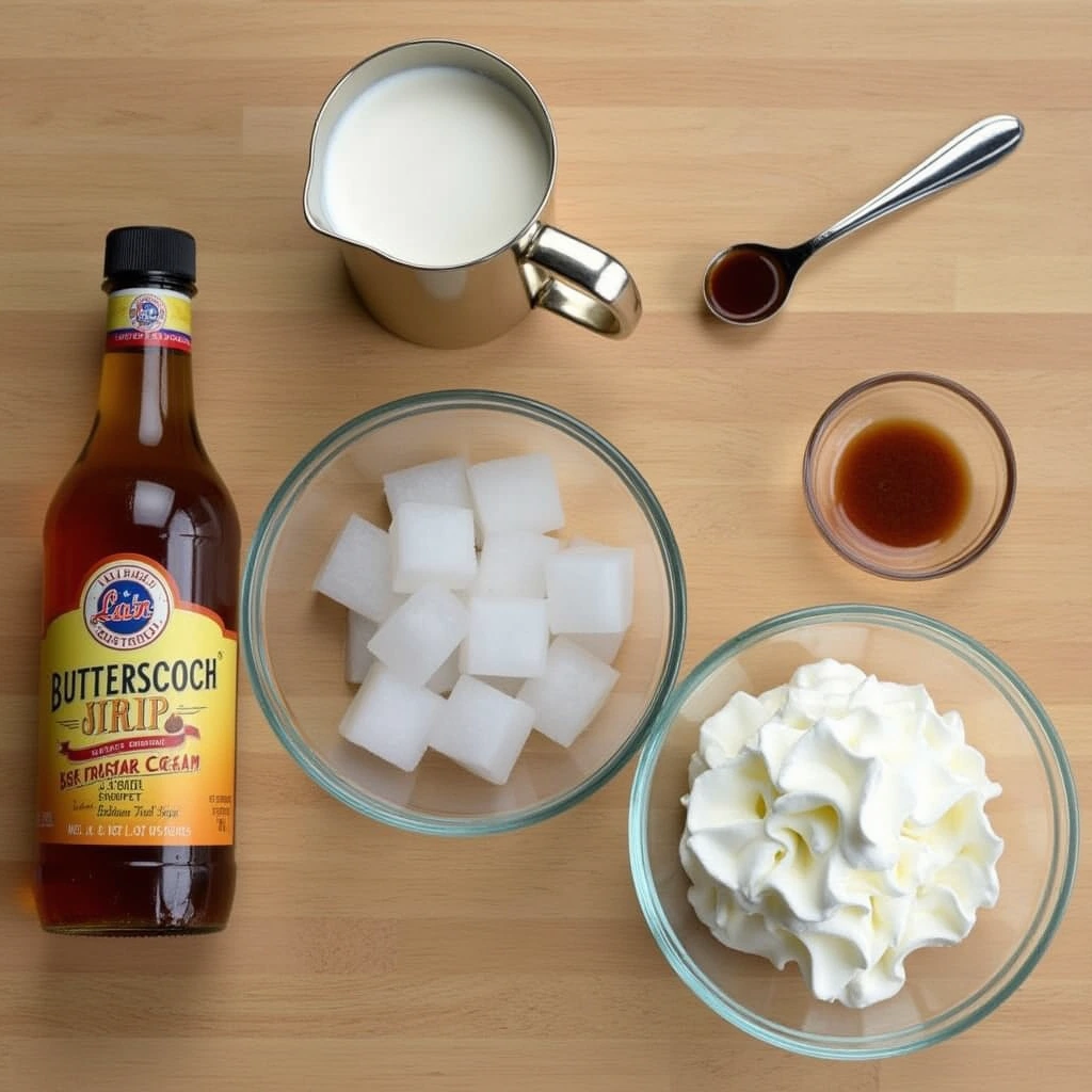 Ingredients for a non-alcoholic buttery nipple recipe displayed on a wooden surface, including butterscotch syrup, cream, vanilla extract, ice cubes, whipped cream, and caramel drizzle.