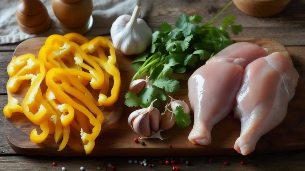 Fresh ingredients for Churu Chicken Amarillo, including yellow chilies, tomatillos, cilantro, lime, raw chicken, garlic, onion, and spices.