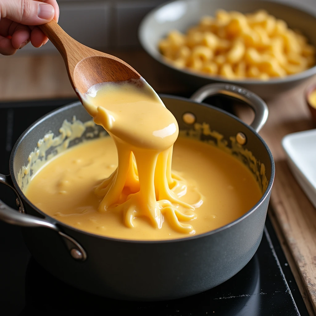 A smooth and velvety creamy cheese sauce made with a blend of cheddar, mozzarella, and Parmesan cheese, simmered to perfection in a saucepan.