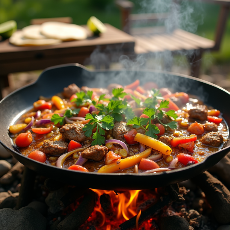 Ingredients and a cooking pan used to prepare authentic Mexican discada, including meats, vegetables, and spices, displayed on a rustic table