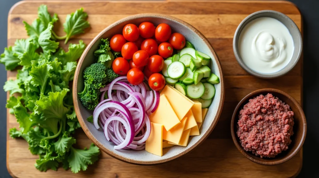 Fresh ingredients for a Burger Bowl recipe, including ground beef, lettuce, tomatoes, red onions, pickles, avocado, shredded cheese, and bacon bits arranged on a kitchen counter.