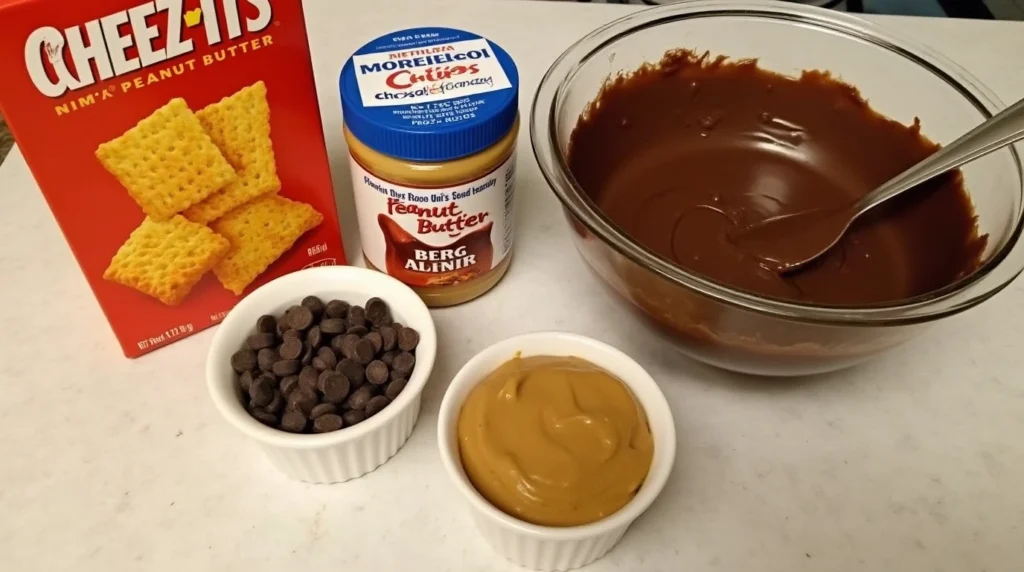 Ingredients for Cheez-It Peanut Butter and Chocolate Snacks: Cheez-It crackers, creamy peanut butter, melted chocolate, powdered sugar, crushed nuts, and colorful sprinkles arranged neatly on a kitchen counter.