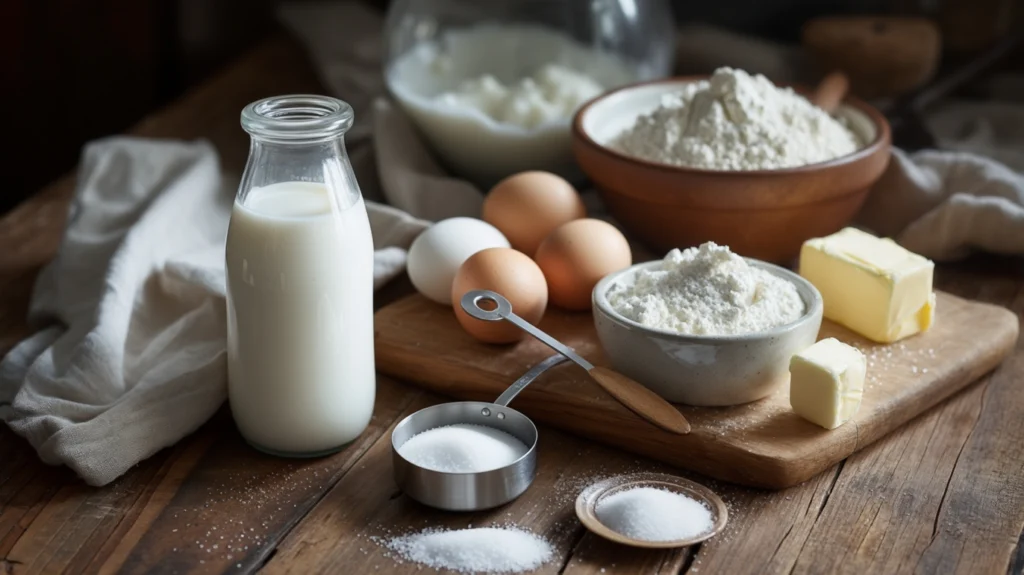 Ingredients for kefir sheet cake recipe neatly arranged on a rustic wooden countertop, including kefir, flour, sugar, eggs, butter, and vanilla extract.