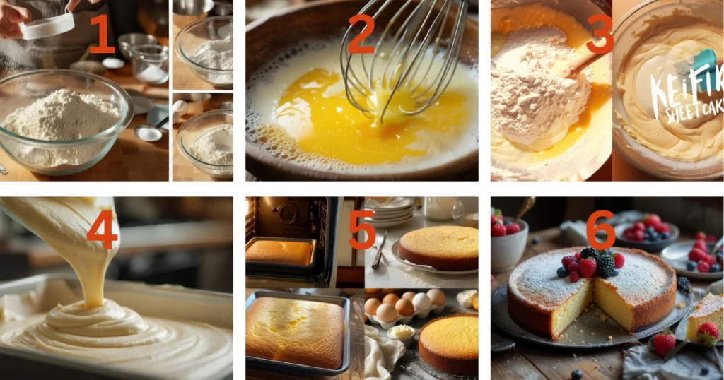 Step-by-step process of making a kefir sheet cake, including preparing dry ingredients, mixing wet ingredients, combining, and baking the batter.