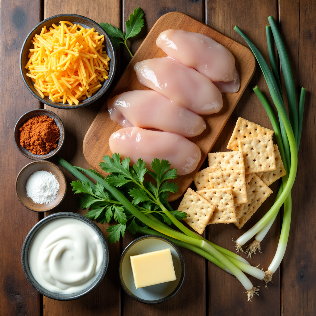 Ingredients for million dollar chicken casserole: chicken, cheese, crackers, cream of chicken soup, sour cream, butter, and seasonings.