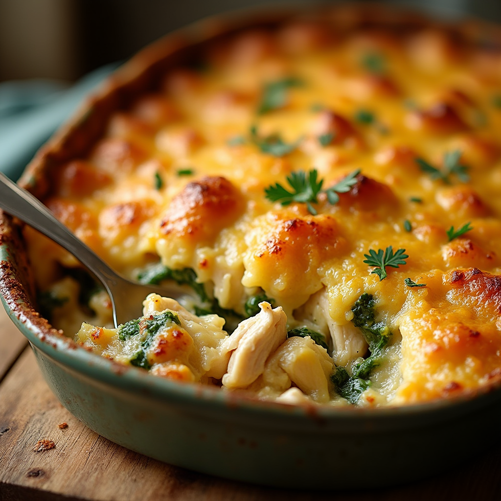 Golden-baked million dollar chicken casserole with crispy cheese topping, chicken chunks, and green vegetables.