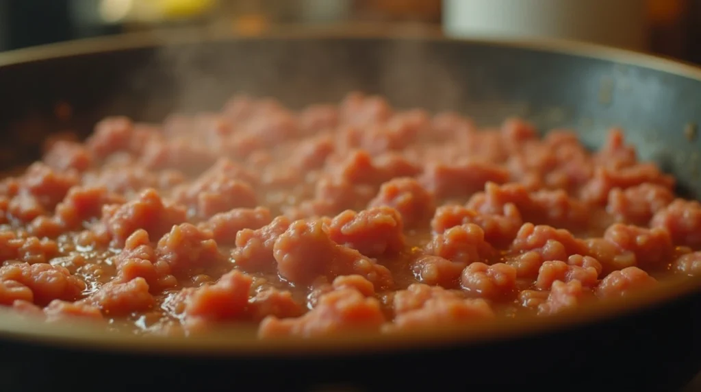 Step-by-step preparation of a healthy Burger Bowl, featuring ground beef, fresh lettuce, tomatoes, onions, pickles, avocado, and cheese in a bowl.