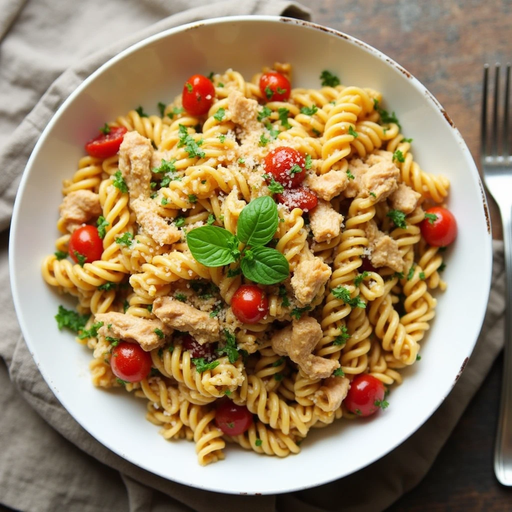 A plated serving of one-skillet ground chicken pasta, topped with fresh herbs and melted cheese.