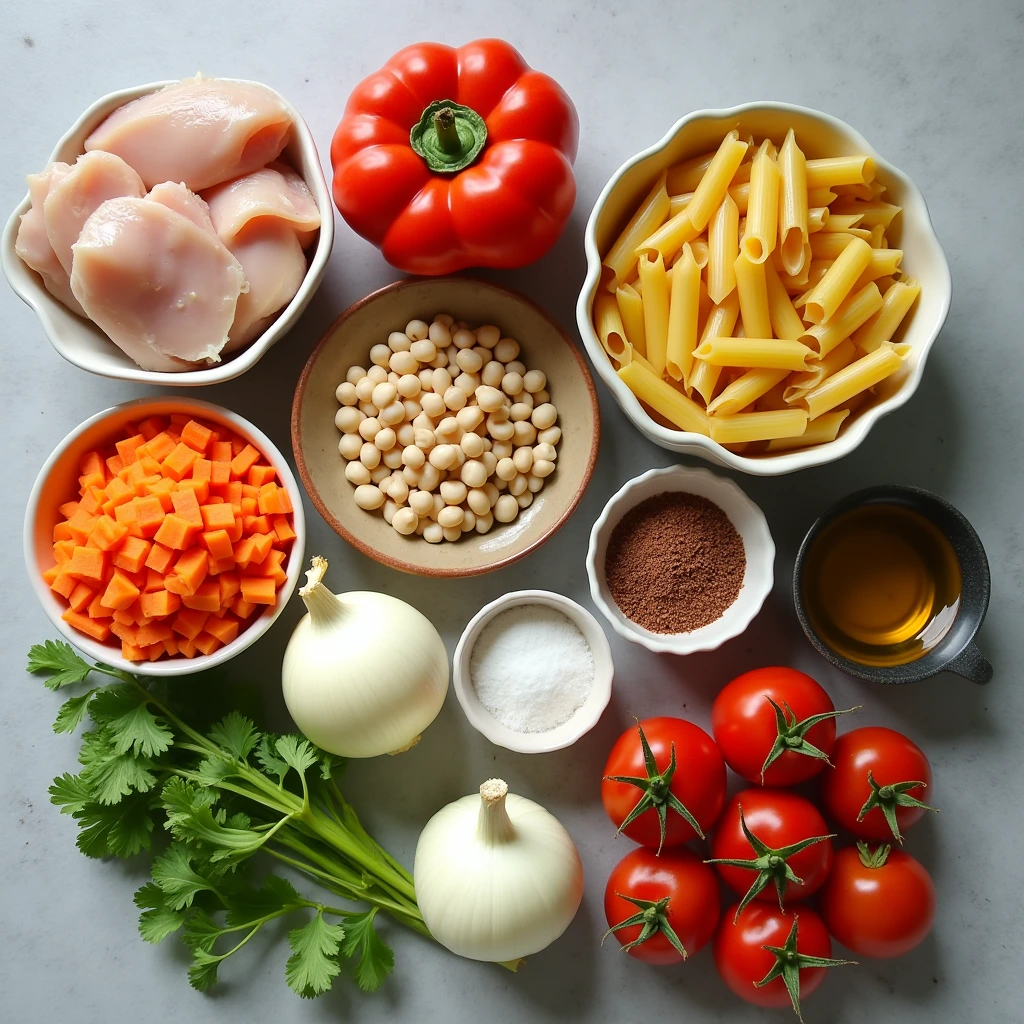 Ingredients for Pasta Fazool made with chicken, including pasta, chicken, beans, vegetables, and seasonings.