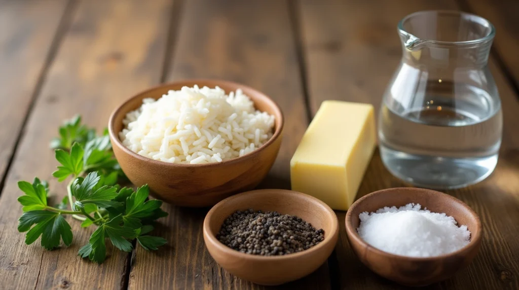 A flat-lay of rice hack recipe ingredients: a bowl of uncooked rice, butter, broth, salt, black pepper, and fresh parsley on a rustic wooden table.