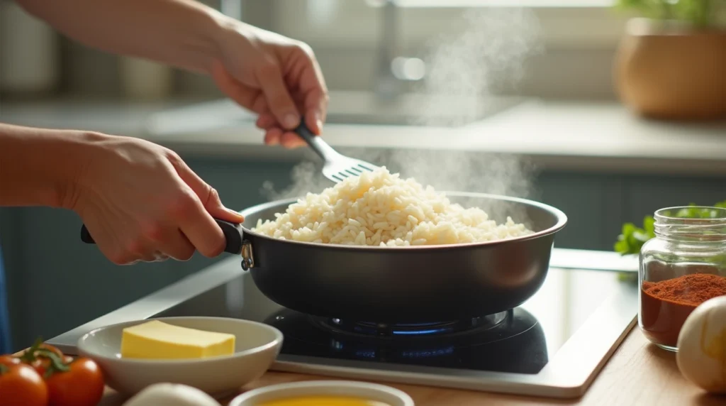 A pot of steaming, perfectly cooked rice with a wooden spoon, ready to serve, placed on a stovetop with a cozy kitchen background.