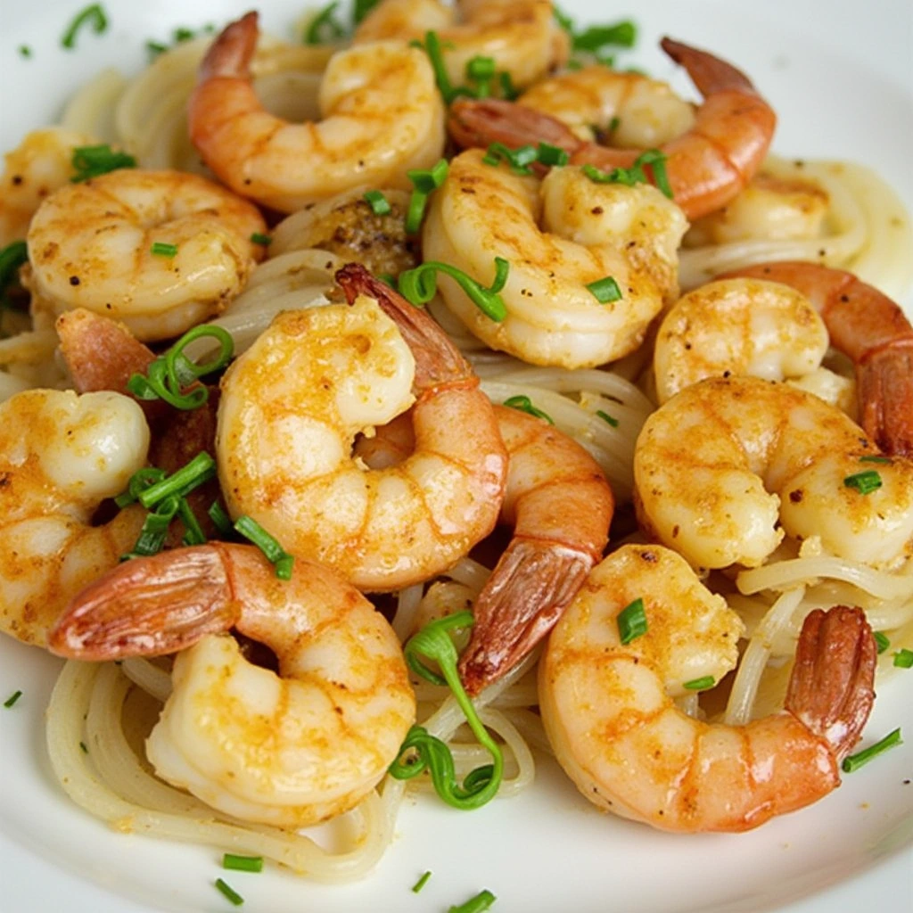 Bowl of pasta topped with shrimp in garlic butter sauce and fresh parsley.