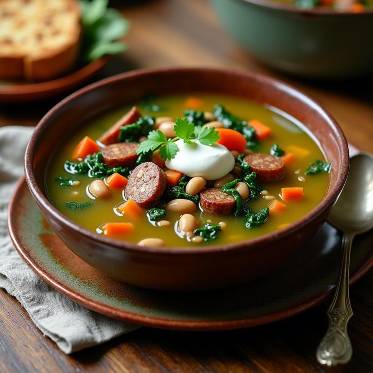 A bowl of hearty swamp soup with green leafy vegetables, sausage, potatoes, and a steaming flavorful broth, garnished with fresh herbs and chili flakes, served on a rustic wooden table.