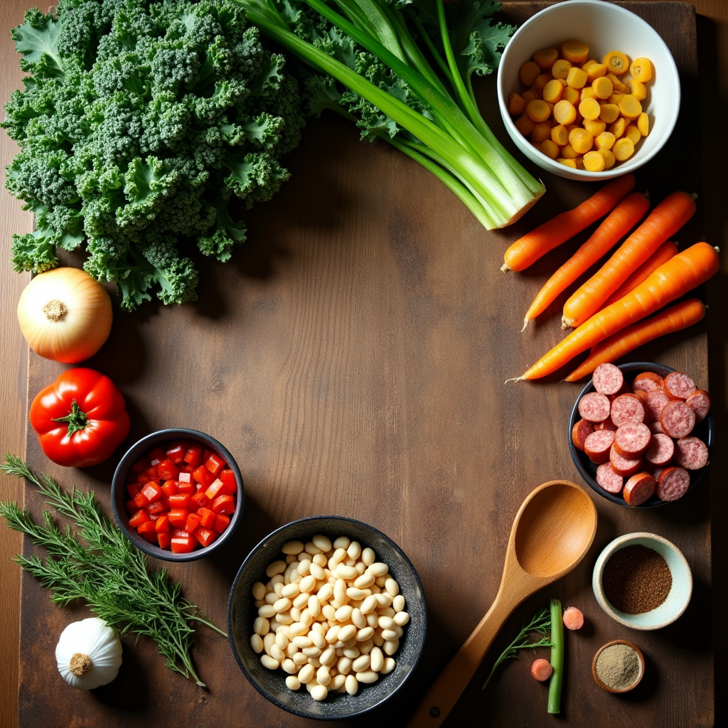 Fresh ingredients for swamp soup including kale, spinach, collard greens, beans, carrots, celery, garlic, and vegetable broth arranged on a rustic kitchen counter.