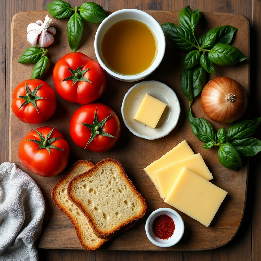 Fresh tomatoes, bread slices, cheddar cheese, butter, garlic, onion, olive oil, and basil leaves arranged on a wooden surface.