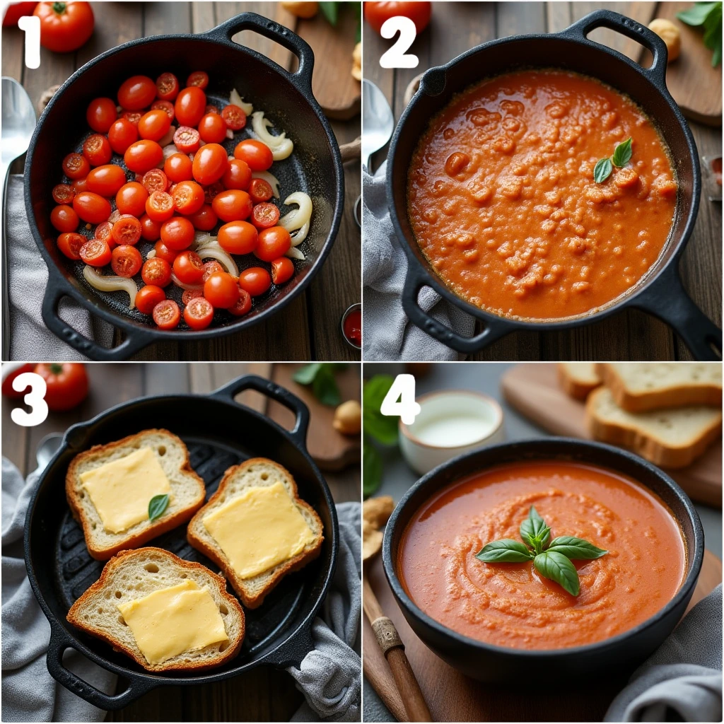 Step-by-step process of making tomato soup and grilled cheese, from chopping tomatoes to grilling the sandwich and serving the final dish.