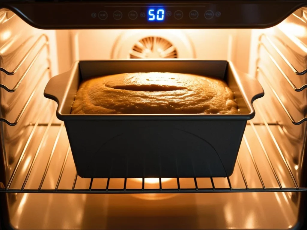 A loaf of banana bread baking in the oven, turning golden brown with a slightly cracked top.