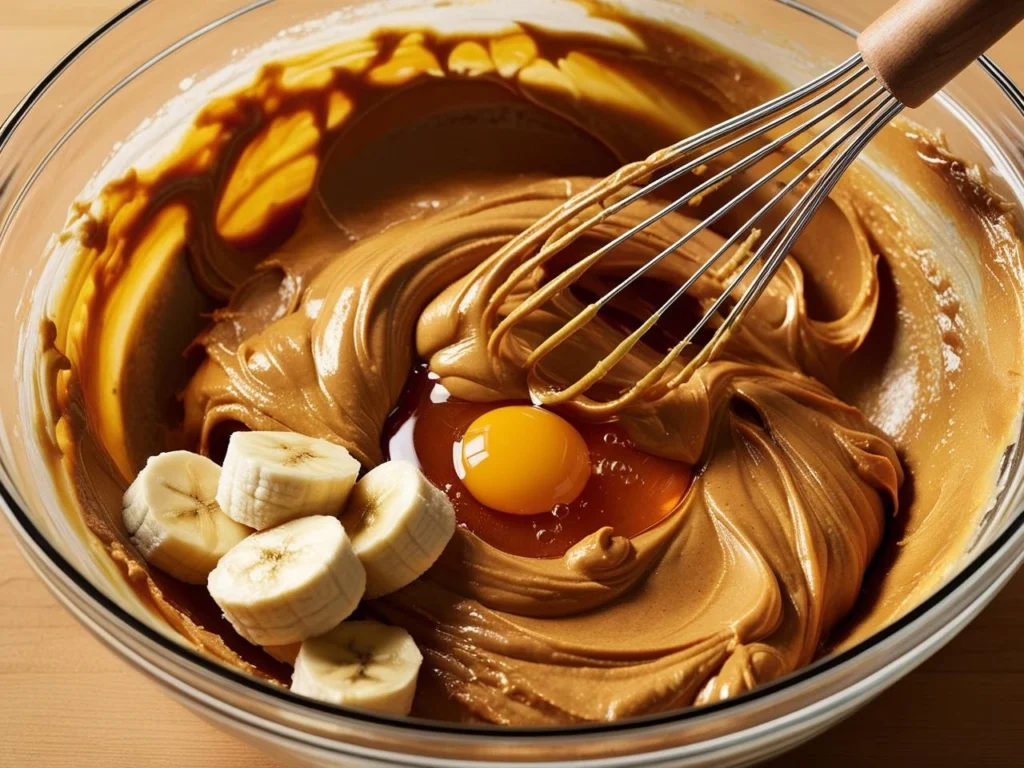 A bowl with peanut butter, honey, mashed banana, egg, and vanilla being mixed.