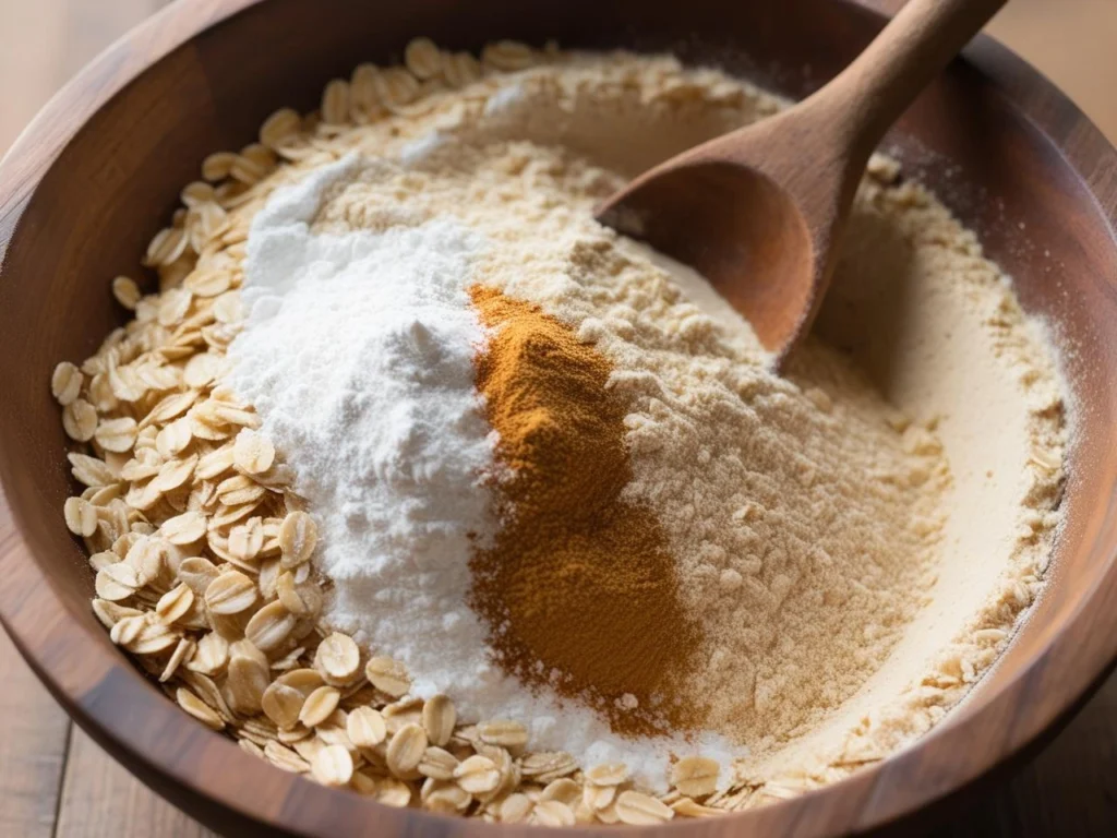 A bowl of oats, protein powder, and cinnamon being mixed with a wooden spoon.