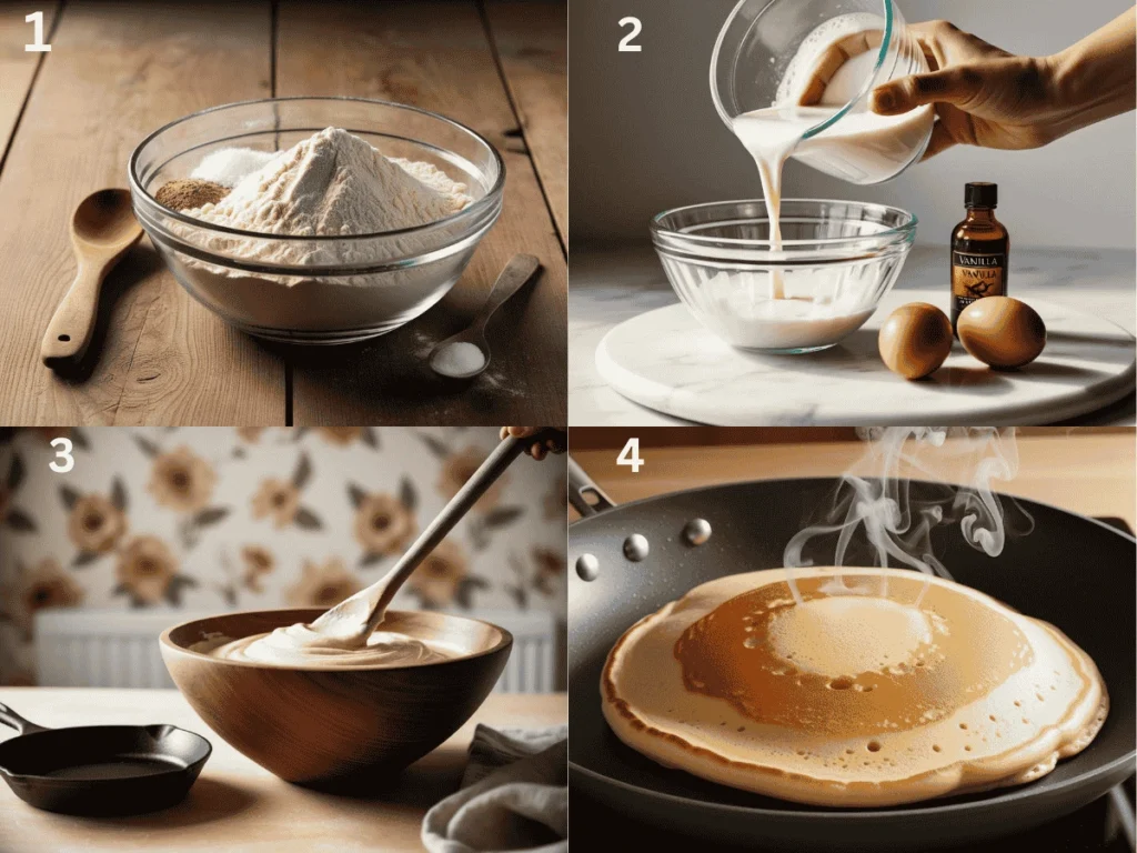  All steps of making healthy pancakes shown visually in one image: mixing, pouring, cooking, and serving.