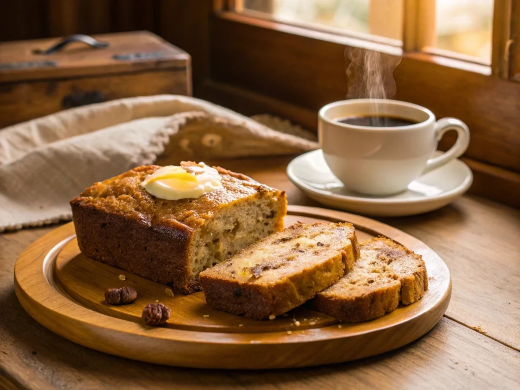 A warm slice of banana bread with melted butter, served with coffee.