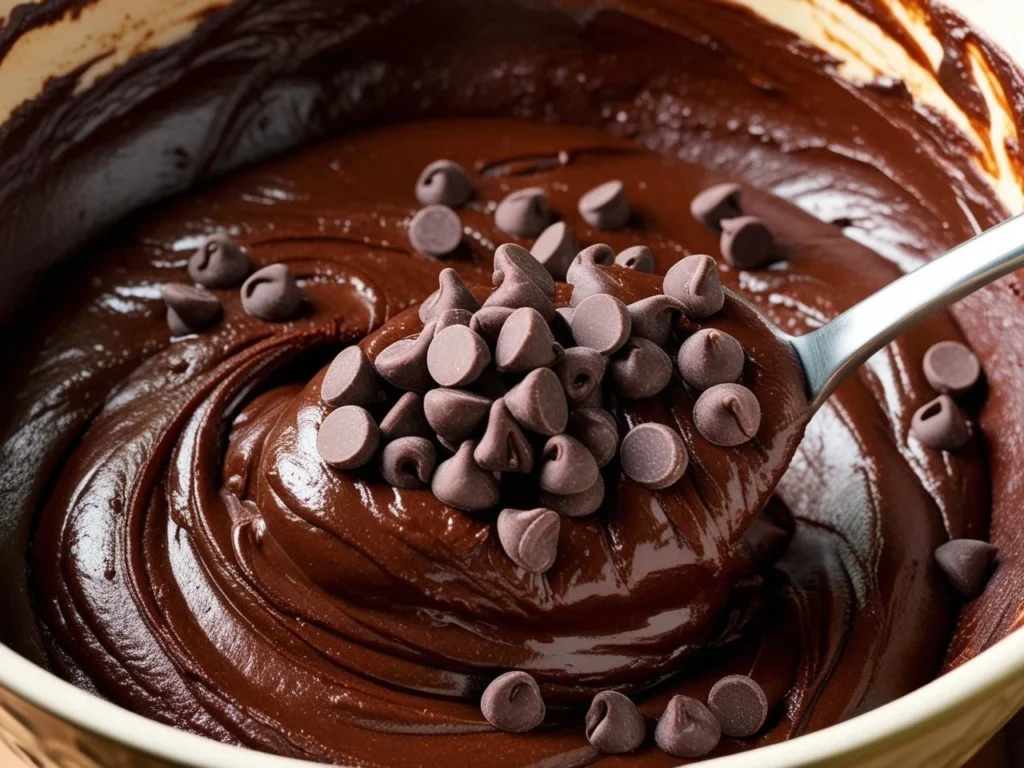 Folding chocolate chips into healthy brownie batter