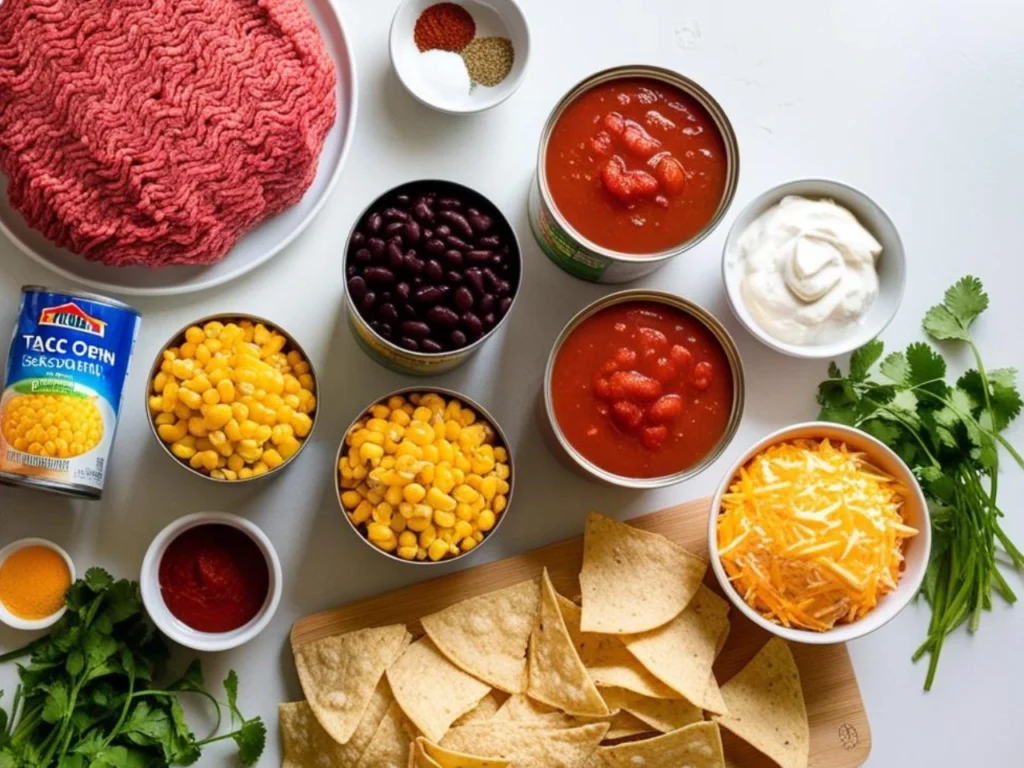 Ingredients for Taco Soup Frios: ground beef, beans, diced tomatoes, spices, avocado, sour cream, cilantro, and tortilla chips