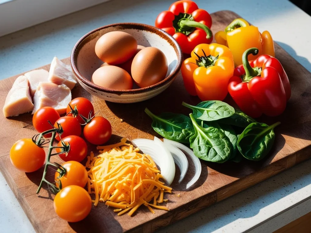 Fresh ingredients for a chicken frittata, including eggs, chicken, cheese, and vegetables.