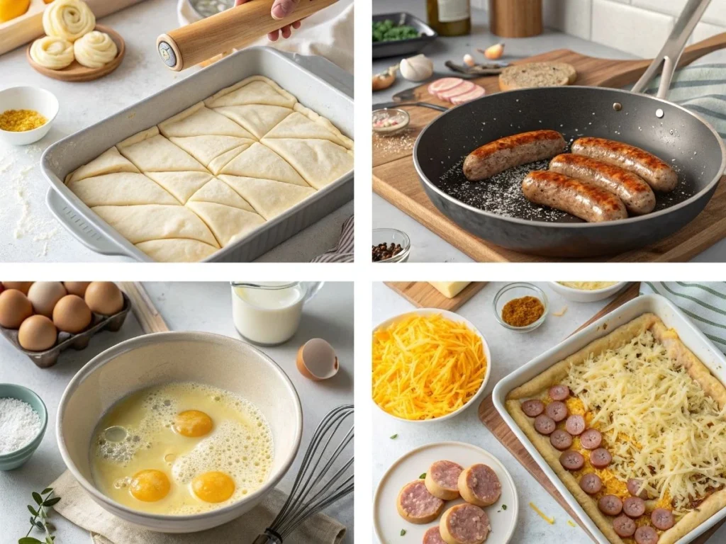 Step-by-step process of making crescent roll breakfast casserole.