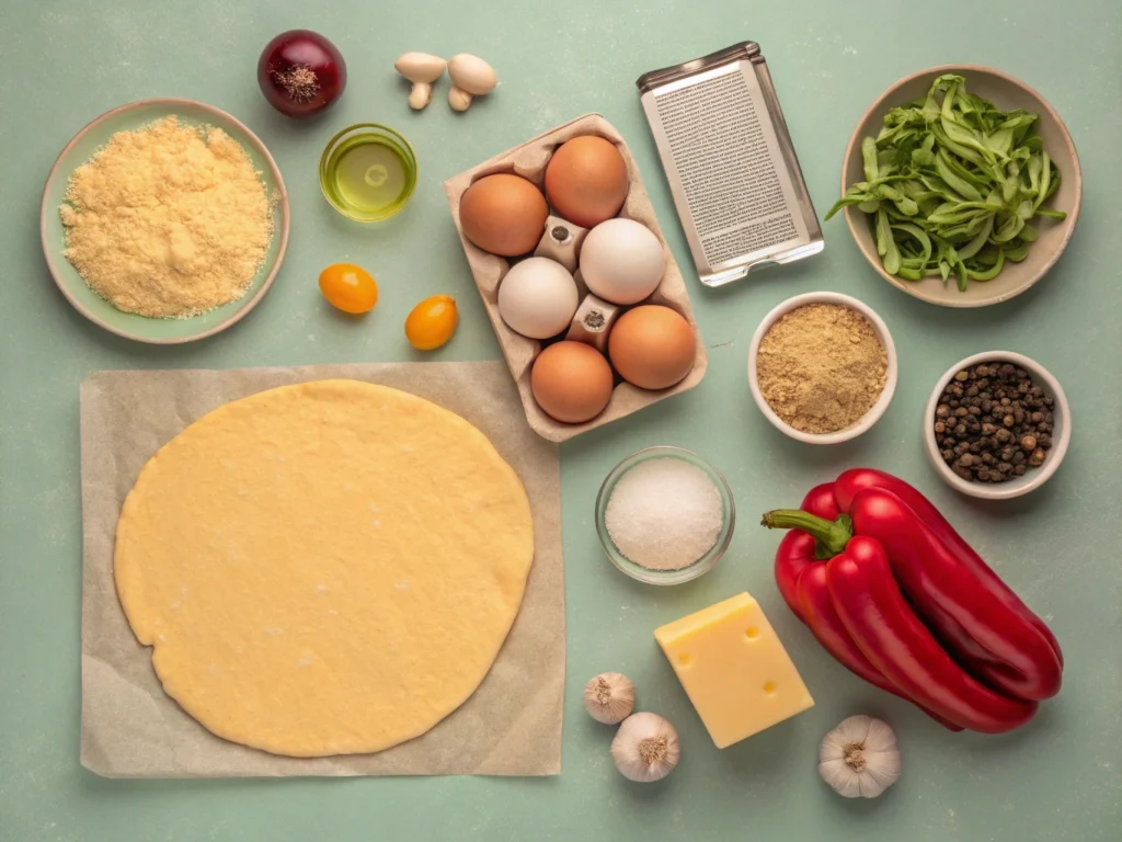 Ingredients for crescent roll breakfast casserole laid out on a kitchen countertop.