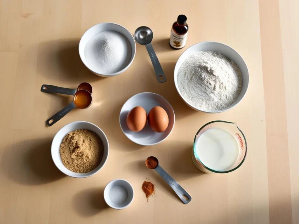 A collection of ingredients for a healthy pancake mix laid out on a wooden table.