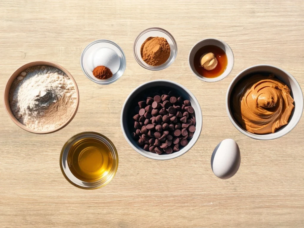 Ingredients for protein cookies including almond flour, chocolate chips, and protein powder