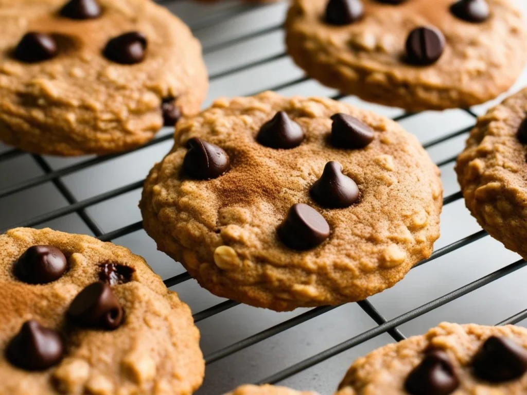 Freshly baked protein oatmeal cookies cooling on a wire rack.