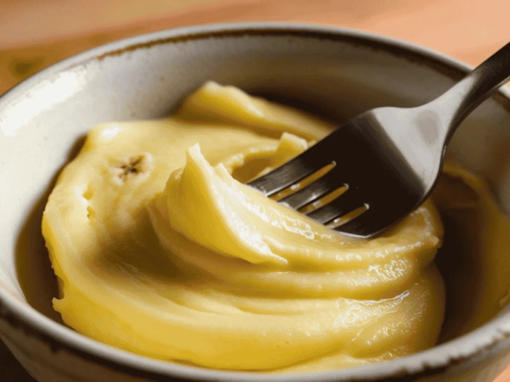 A ripe banana being mashed in a bowl with a fork.