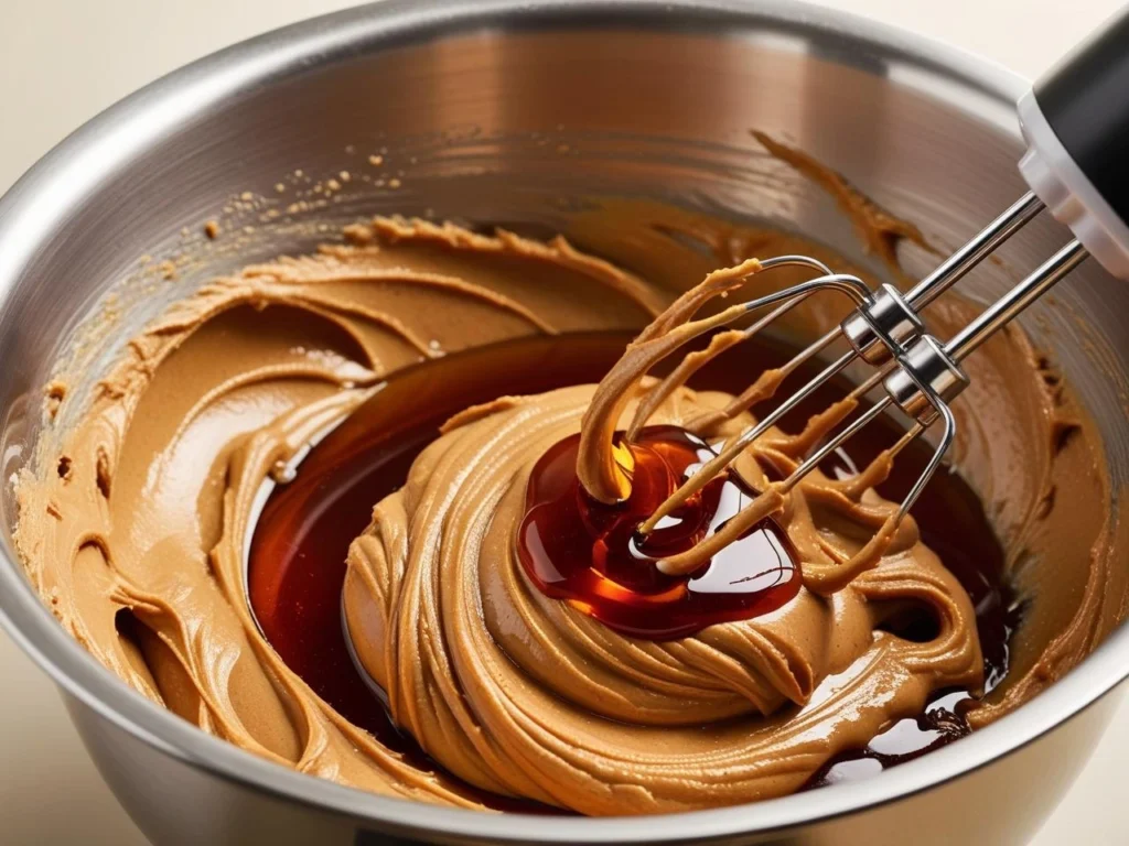 Mixing peanut butter, maple syrup, and vanilla for healthy brownies